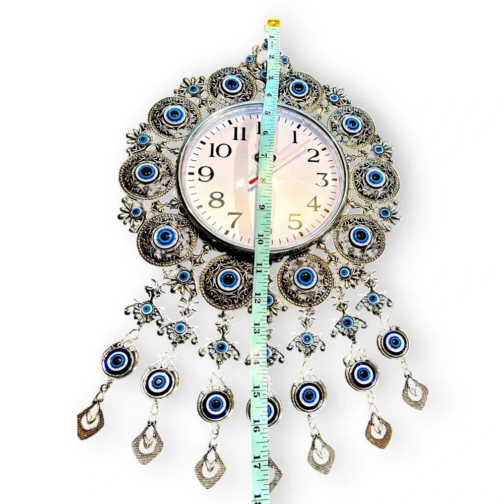 Evil Eye Wall Clock Silver Tone Filigree Nazar Beads Quartz Boho Decor 17.5in